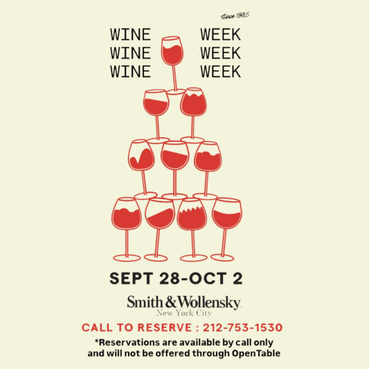 Red wine glasses form a pyramid under repeating text “WINE WEEK.” Event details: Sept 28–Oct 2, Smith & Wollensky New York City. Reservations by phone, number provided, not available via OpenTable.
