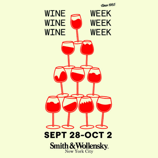 Illustration of stacked red wine glasses with text: “WINE WINE WINE WEEK WEEK WEEK,” “SEPT 28-OCT 2,” and “Smith & Wollensky New York City” on a light background.
